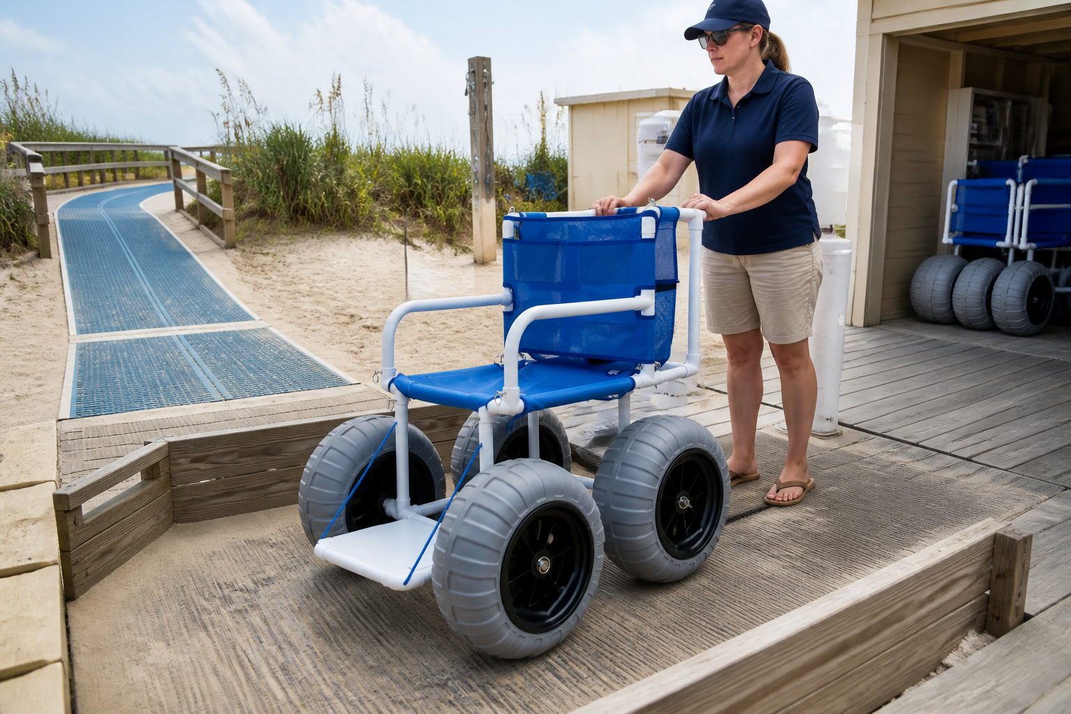 empty manual beach wheelchair completing a staged buyer trial across boardwalk, sand lane, turn box, care point, and storage bay