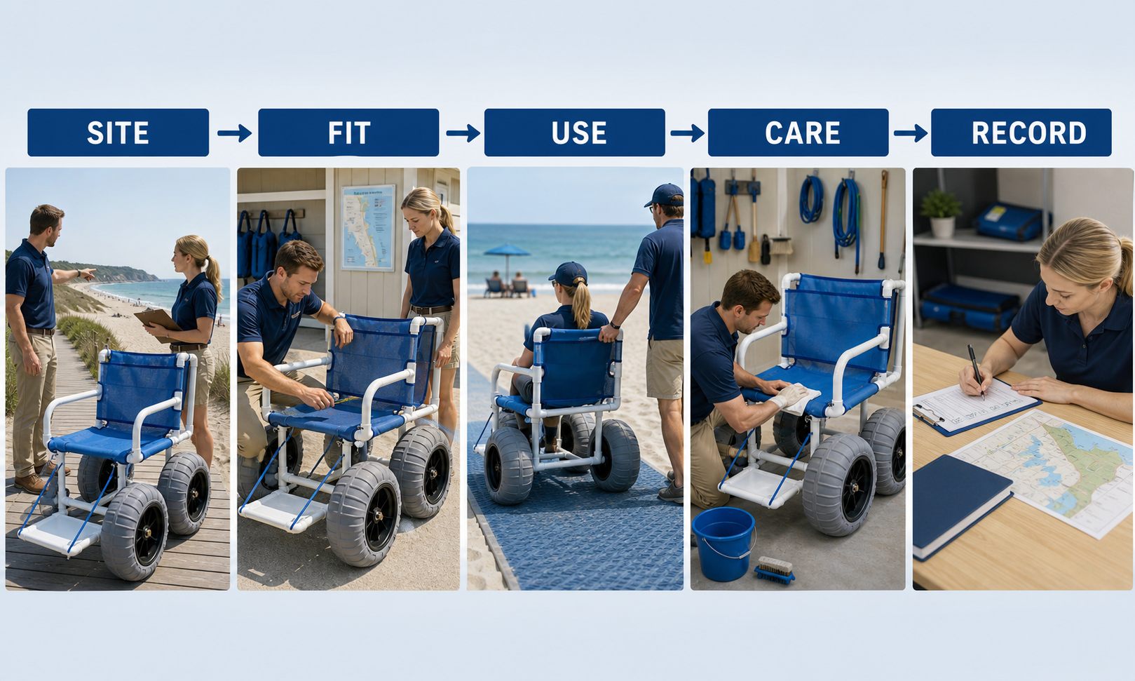 a clean procurement approval meeting with the manual beach wheelchair, route map, trial notes, document checklist, and care plan on one table