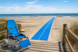 Photorealistic accessibility beach mat planning scene for a beach operations team