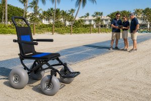 Photorealistic all-terrain beach wheelchair planning scene for a beach operations team