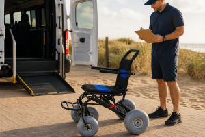 Photorealistic lightweight beach wheelchair planning scene for a beach operations team