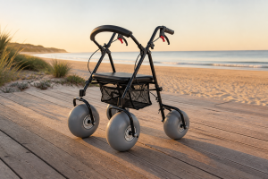 Black four-wheel beach walker on a coastal access route
