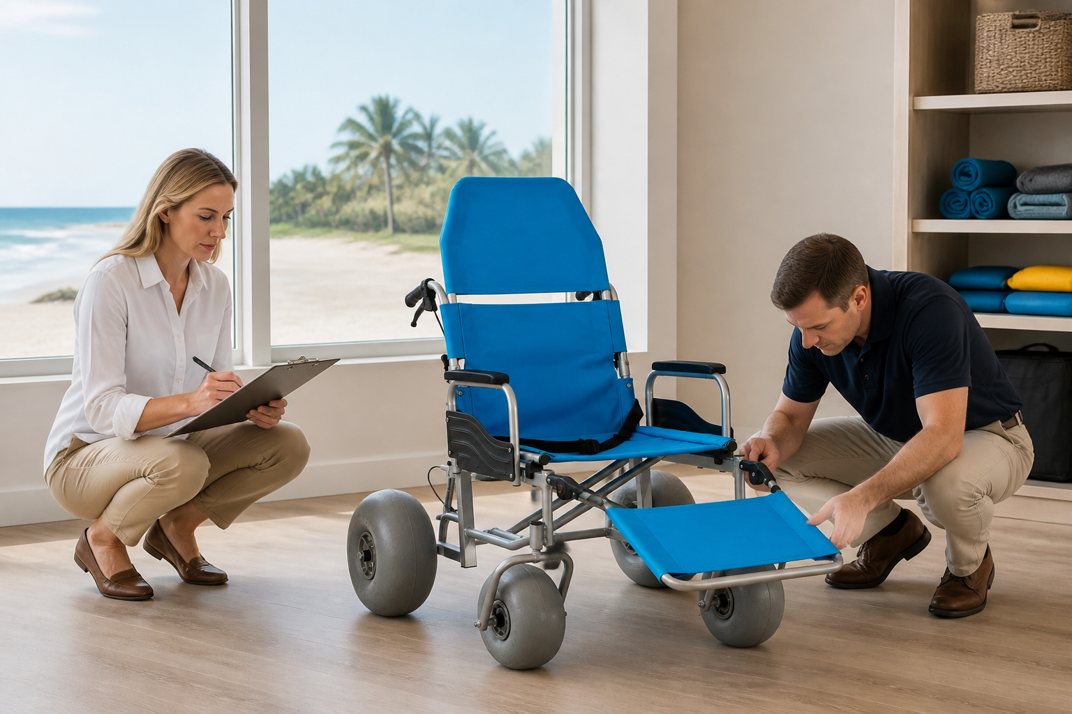 Procurement team reviewing a beach wheelchair sample