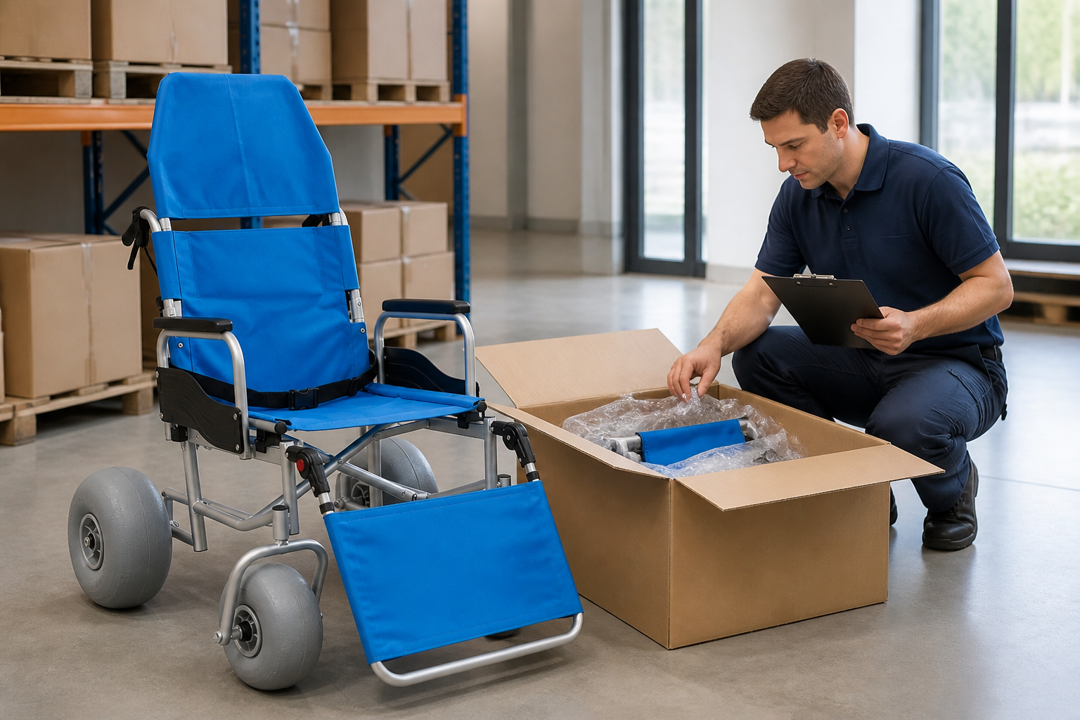 Warehouse team checking a beach wheelchair delivery