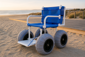 White PVC beach wheelchair with blue mesh on a beach access route