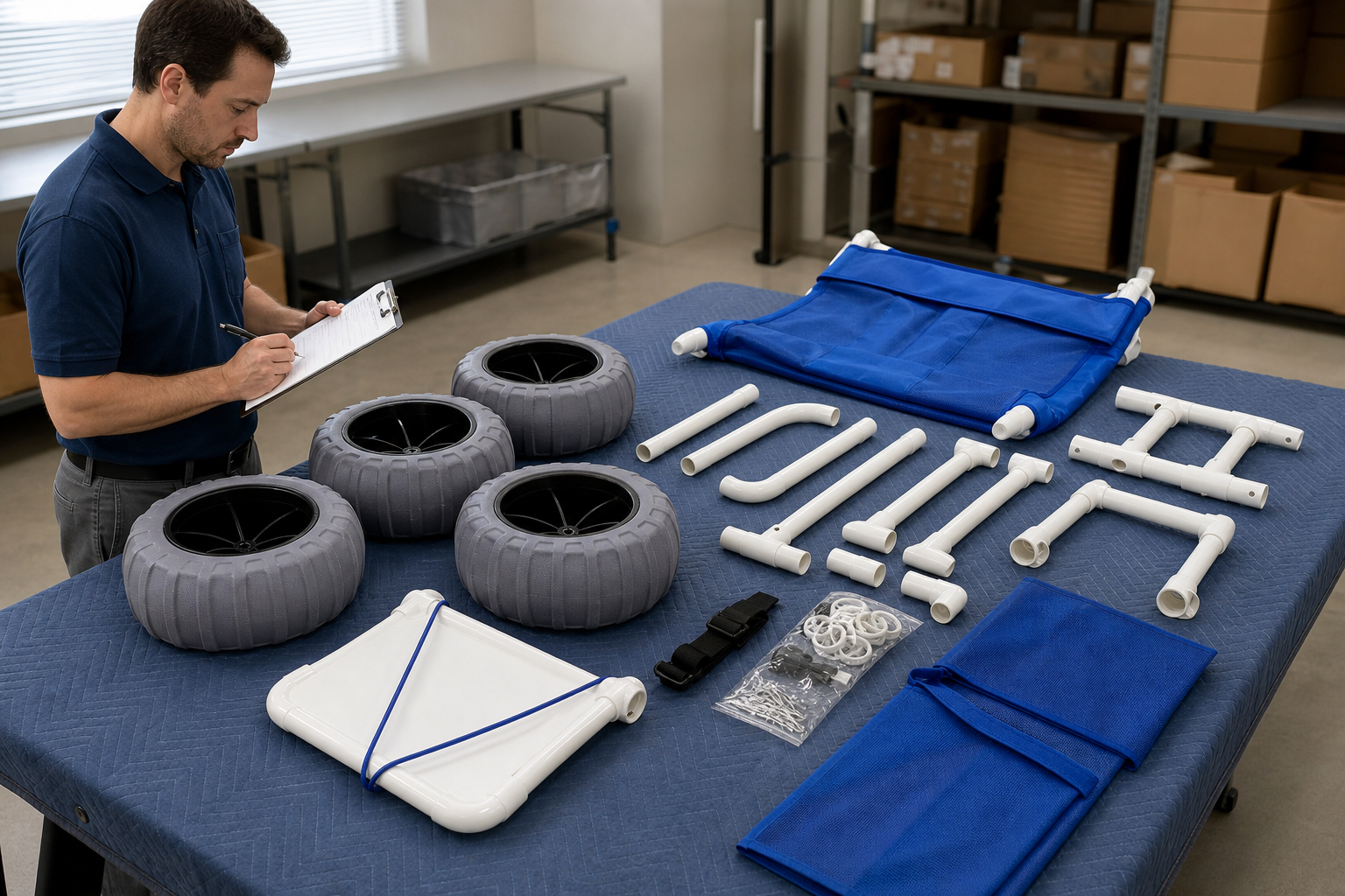 Organized PVC beach wheelchair parts inspection