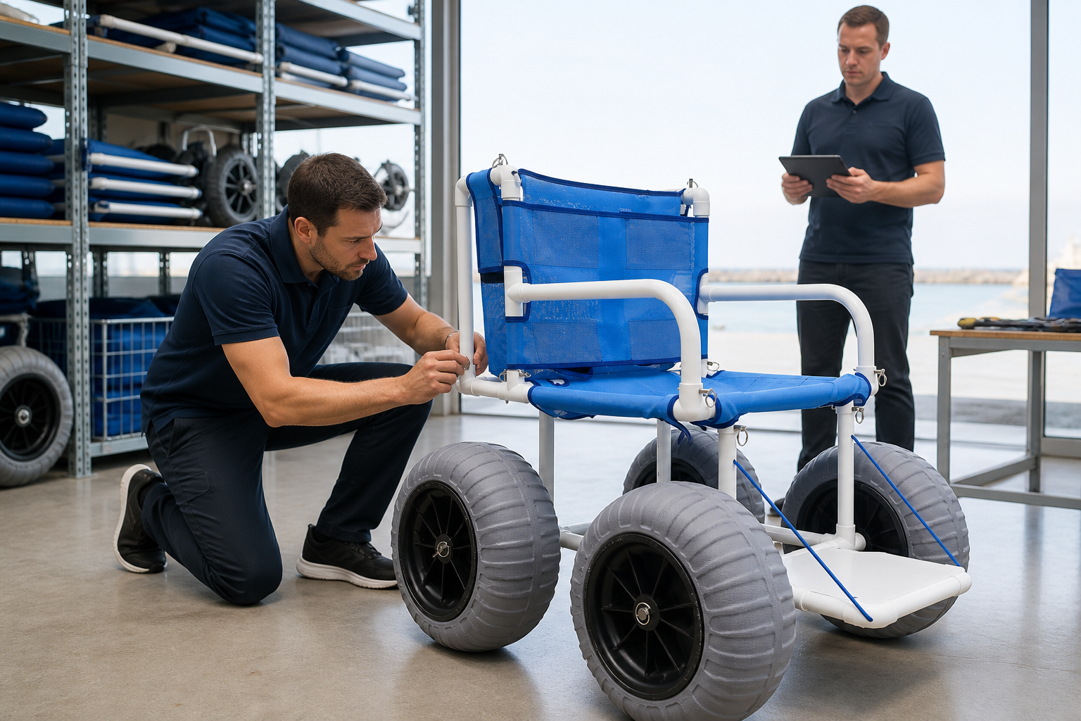 Quality reviewer inspecting blue mesh and white PVC frame