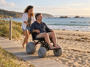 Traveler in a wide-tire beach wheelchair guided from an access mat onto sand