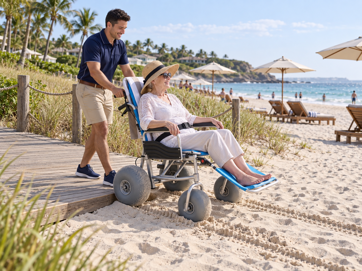 An all-terrain beach wheelchair crossing from a boardwalk to soft sand