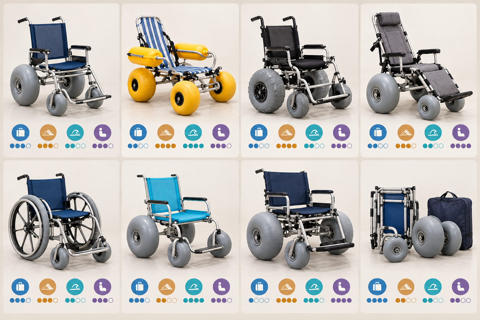 Eight beach wheelchair types compared by travel and terrain needs