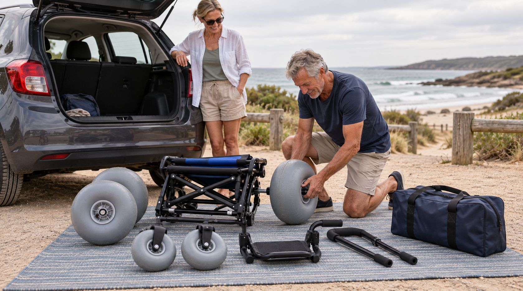 A compact beach wheelchair arranged for packing into a small vehicle