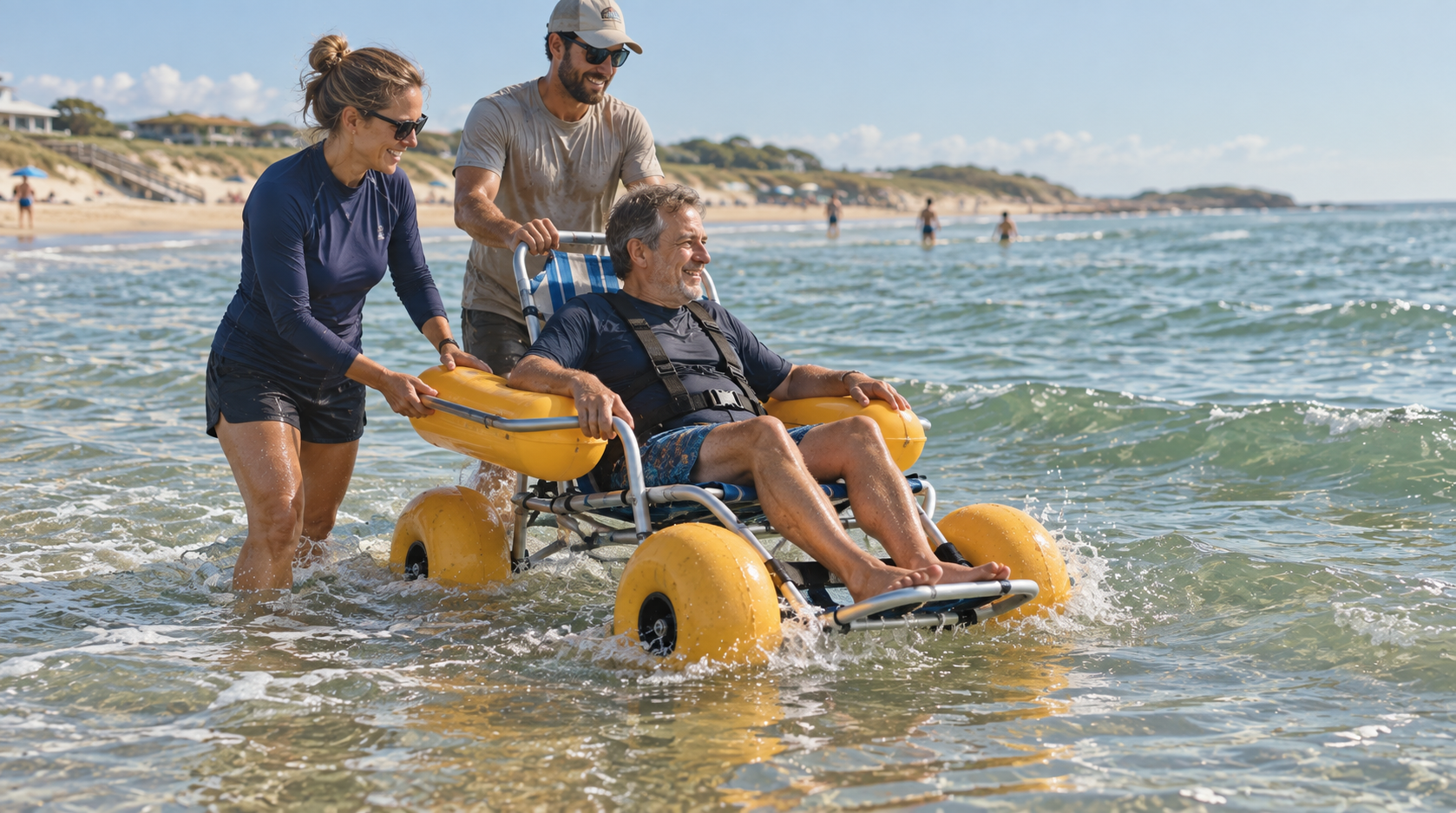 A floating beach wheelchair guided through calm shallow water