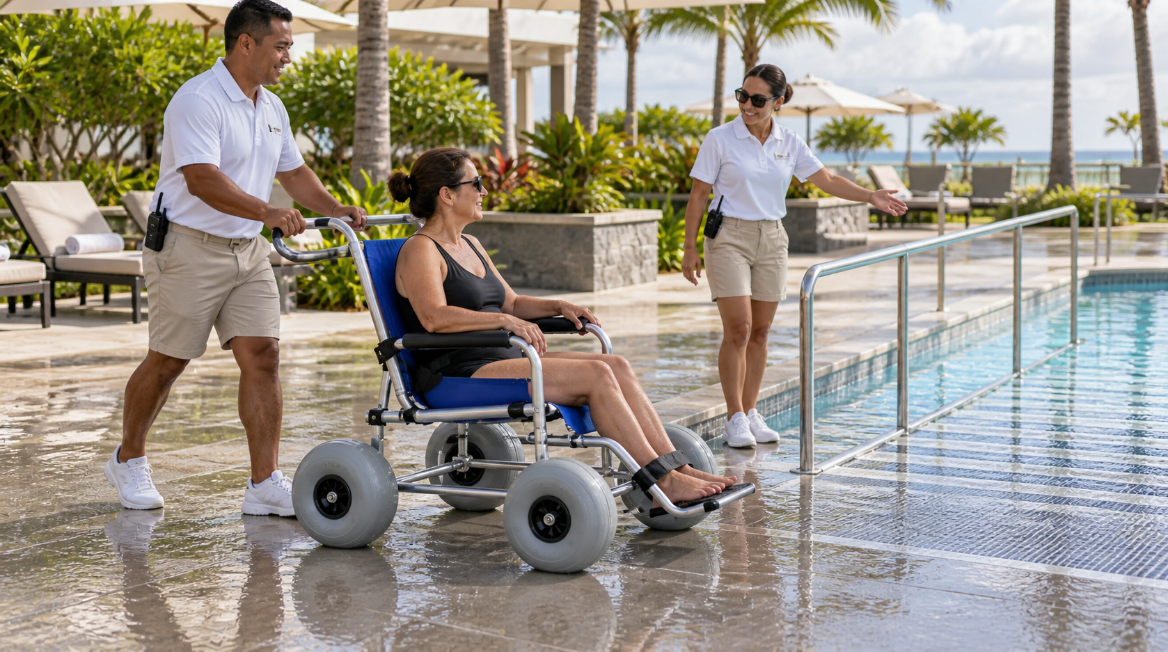 A poolside beach wheelchair moving along a wet resort deck