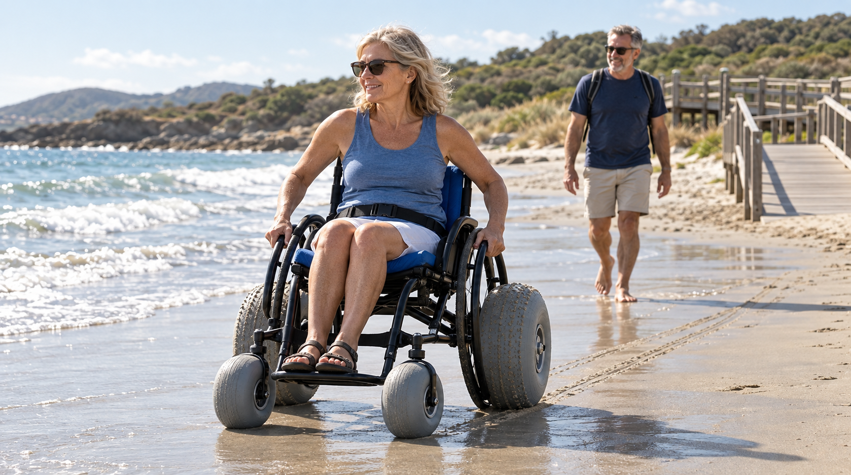 An adult using a self-propelled beach wheelchair on firm wet sand